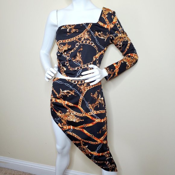Touch Me Black/Bronze Chain Print One Shoulder Blouse with Asymmetric Skirt SZ L - Picture 3 of 9